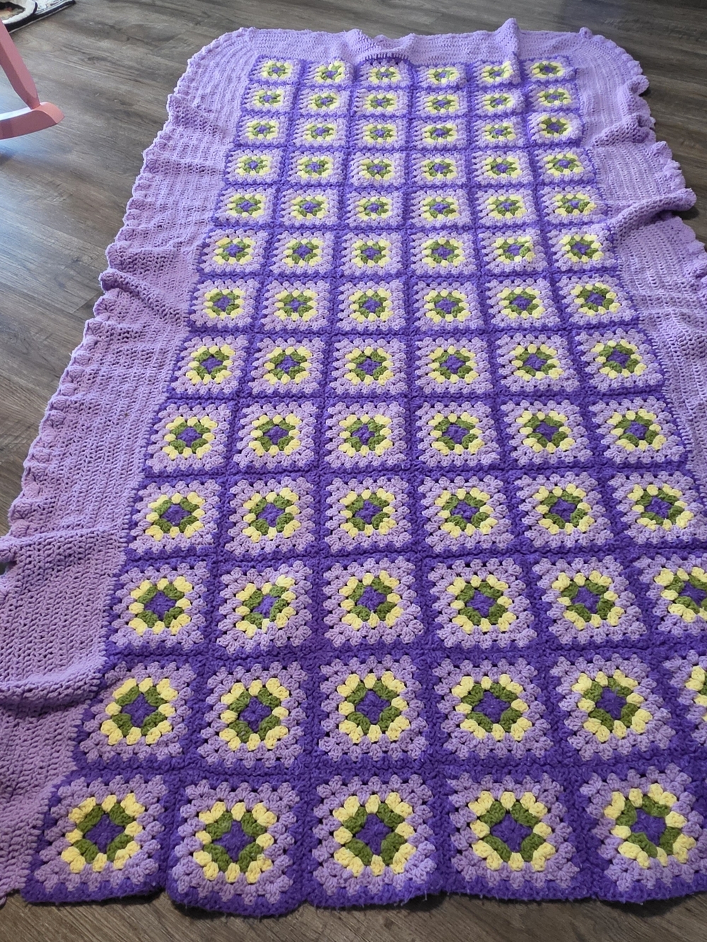 Handmade Purple Granny Square Crochet Blanket with Yellow & Green Accents 49x86
